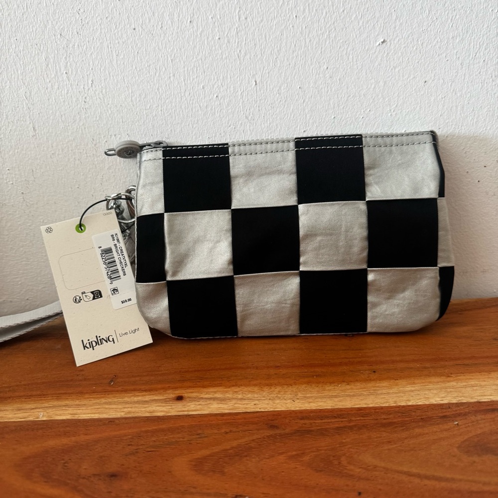 Kipling Black and Silver Extra Large Wristlet in Chekers NWOT